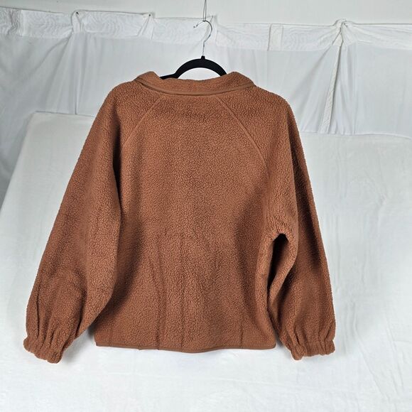 Fashion Sherpa Fleece Jacket Women Brown Polyester Medium Zip Pockets Snap Comfy - Picture 3 of 11